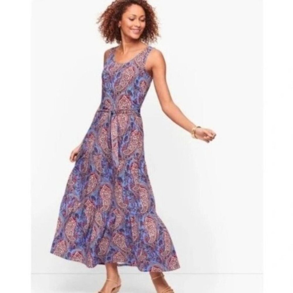 NWT Talbots Belted Tiered Paisley Maxi Dress in Blue and Pink